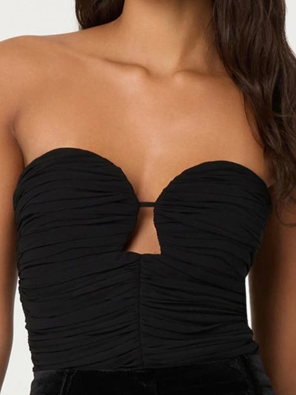 Astr Strapless Black Ruched One-Piece with Front Cutout
